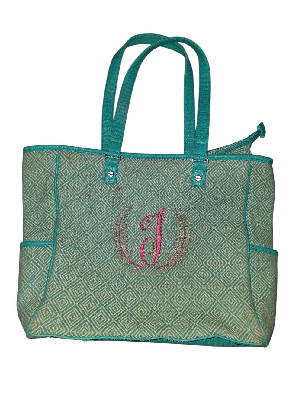 9/1/6. thirty-one Teal Patterned Tote with Pink Monogram